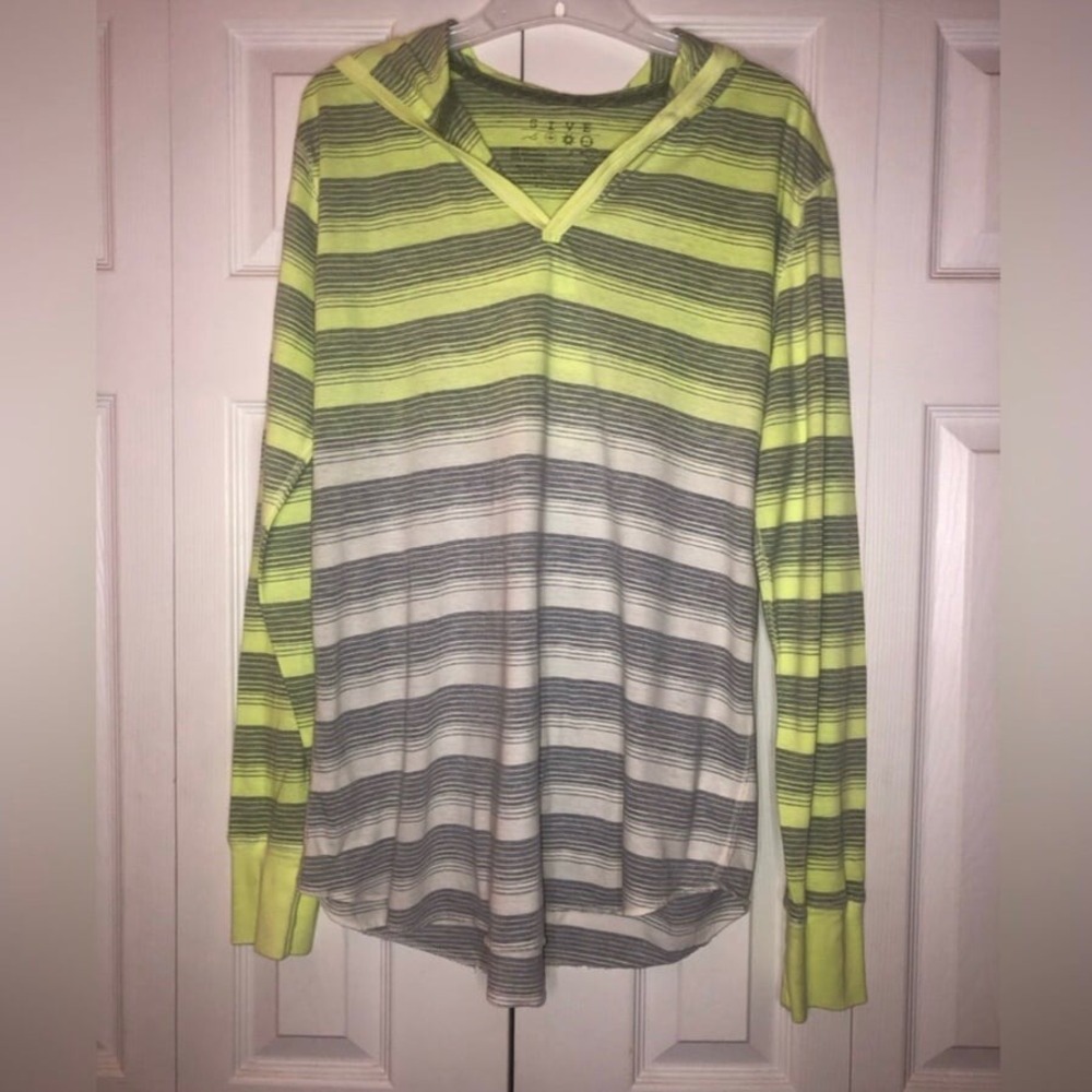 Five 400 Neon Yellow Gray Striped Long Sleeve V Neck Hoodie Shirt